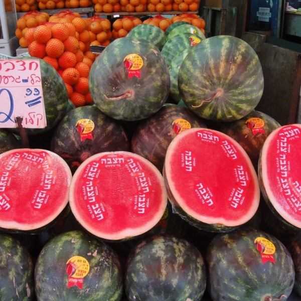 Mouthwatering seedless watermelons at the Shuk (market) HaCarmel.  Tel Aviv, Israel